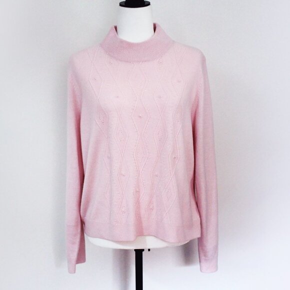 Pale Pink Beaded Sweater, Vintage Mock Turtleneck Long Sleeved Pullover - Picture 3 of 10